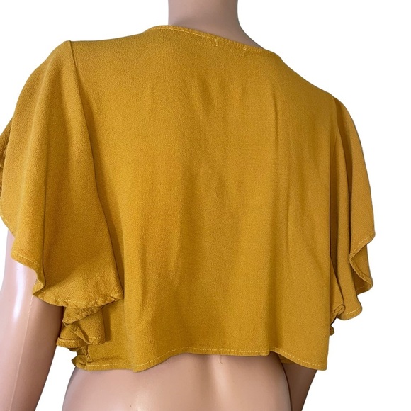 Tobi brand blouse mustard yellow embroidered cropped flowy sleeve flutter SZ SM - Picture 7 of 10